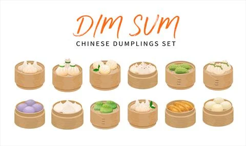 Set of isolated Dim Sum dumplings in bamboo steamer baskets. Vector illustrat Stock Illustration