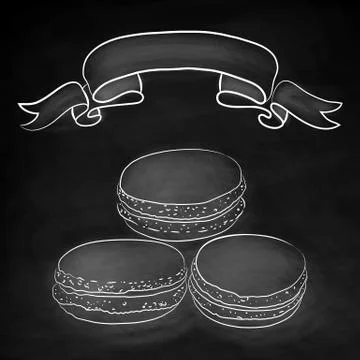 Set of isolated doodle macaroon. Chalkboard background with ribbon. Sketch ma Stock Illustration