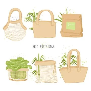 Set of Isolated Eco bags in hand draw cartoon styl with bamboo decorations Stock Illustration
