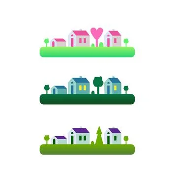 An set isolated element, landscape with small houses, on grass, nature, hills Stock Illustration