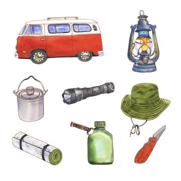 Set of isolated elements of camping watercolor illustration on white backgrou Illustrazione stock