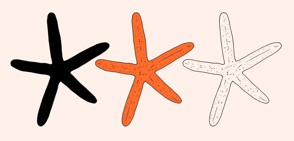 A set of isolated elements in the form of starfish in the sketch style Stock Illustration