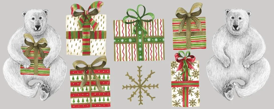 Set isolated elements gift box and polar bear. Watercolor and pencil drawing. Stock Illustration