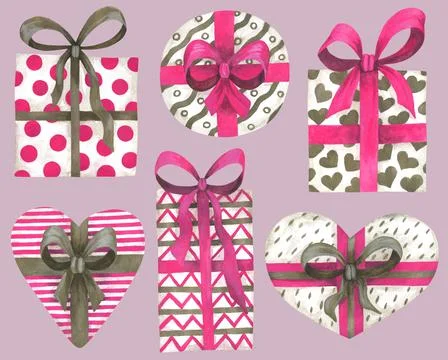 Set isolated elements gift box. Watercolor. The print is used for Wallpaper Stock Illustration