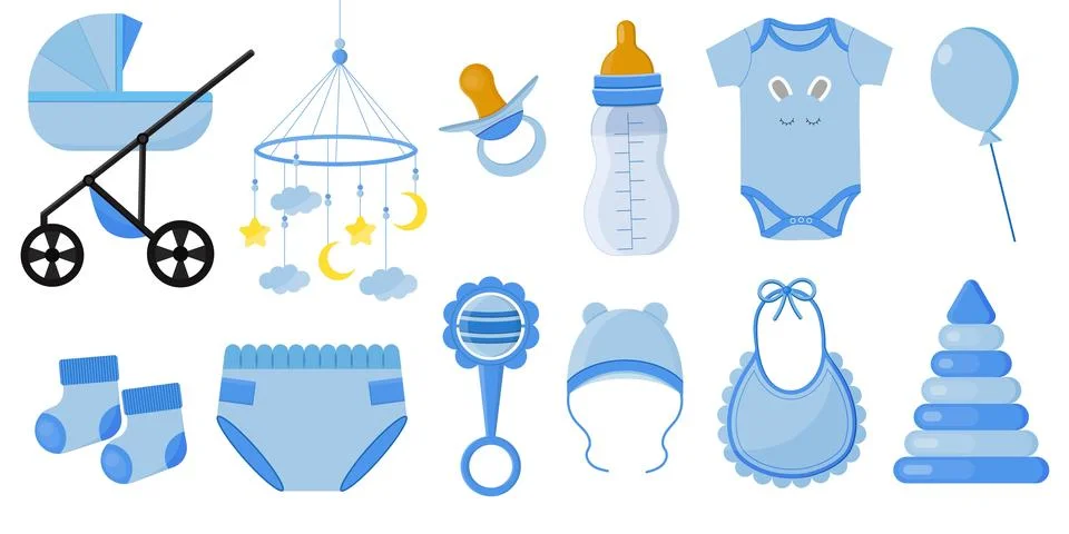 Set of isolated elements for a newborn baby boy. Stock Illustration