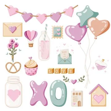 Set of isolated elements for Valentines day, pastel palette on white backgrou Stock Illustration