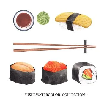 Set of isolated elements of watercolor sushi illustration on white background Stock Illustration