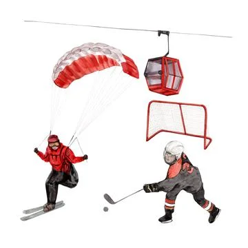 Set of isolated elements of winter sport watercolor illustration on white bac イラスト素材