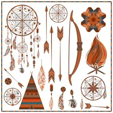Set isolated ethnic elements arrows, feathers, beads, wigwam, onions, fire Stock Illustration
