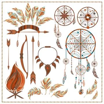 Set isolated ethnic elements arrows, feathers, beads, onions, fire, fang Illustrazione stock
