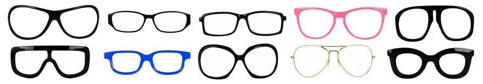 Set of isolated eyeglass frames for fitting on the head 스톡 사진