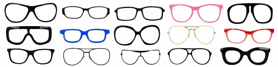 Set of isolated eyeglass frames for fitting on the head Stock Photos