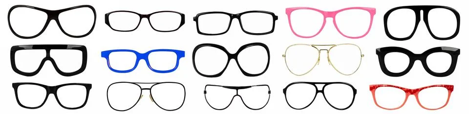 Set of isolated eyeglass frames for fitting on the head Stock Photos