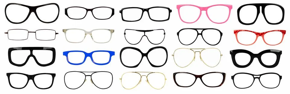Set of isolated eyeglass frames for fitting on the head Stock Photos