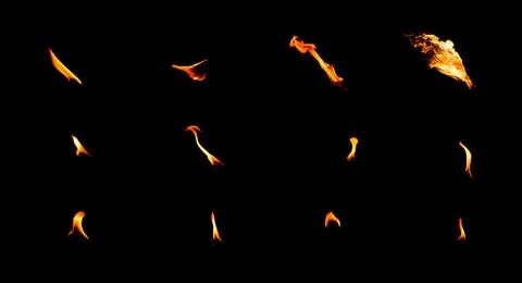 Set of isolated flames on a black background Photos