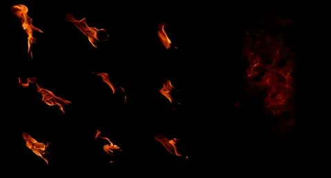 Set of isolated flames on a black background Stock Photos