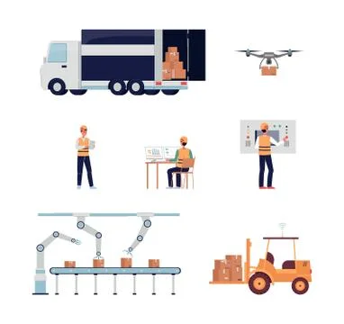 Set of isolated flat vector icons of automation industrial cargo. イラスト素材
