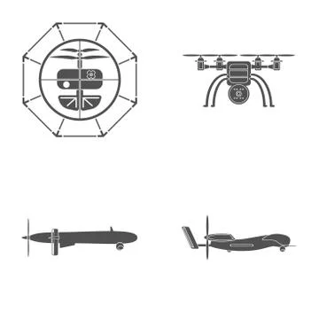 Set of isolated gray icon of drone silhouette on the white background. Stock Illustration