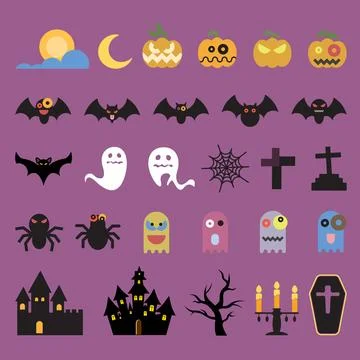 Set of isolated halloween cartoon elements flat design vector illustration. Stock Illustration