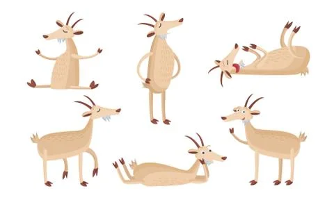 Set of isolated hand drawn cute funny goat animals enjoying life Stock Illustration