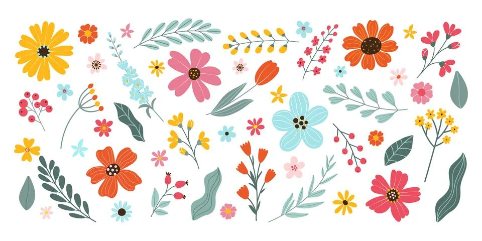 Set isolated hand drawn spring and summer flowers. Blossom flowers, leaves Stock Illustration