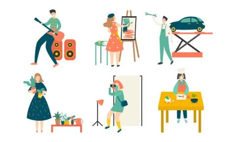 Set of isolated hand drawn young positive girls and boys enjoying their hobbies Stock Illustration