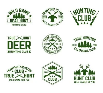 Set of isolated hunting emblems with deer and guns Stock Illustration