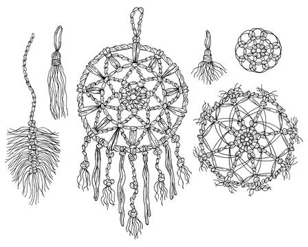 Set of isolated illustrations with dreamcatcher, macrame, lace. Stock Illustration