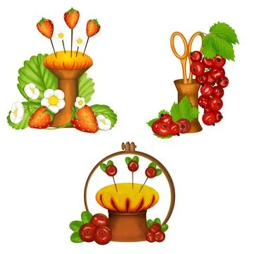 Set of isolated illustrations with embroiderer's accessories. Stock Illustration