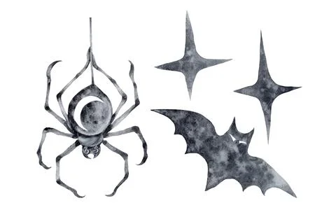 Set of isolated illustrations halloween bat spider on a web stars textured black Stock Illustration