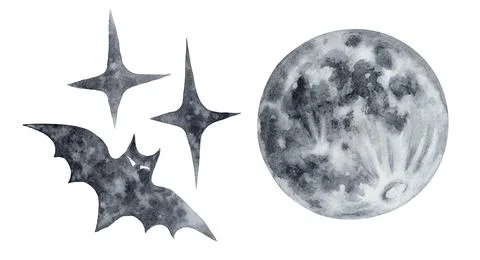 Set of isolated illustrations halloween bat stars full moon textured black with Stock Illustration
