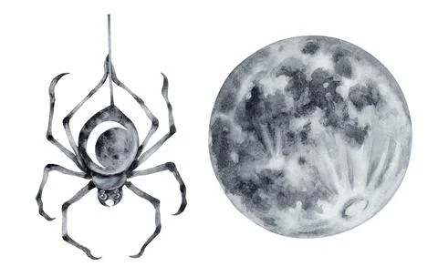 Set of isolated illustrations for halloween full moon and spider arthropod Stock Illustration