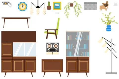 Set of isolated interior objects in the style of the 70's. Stock Illustration