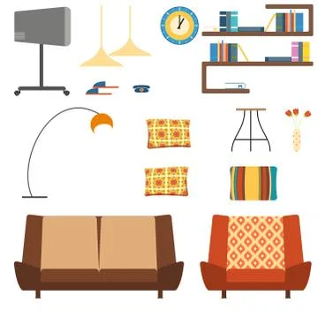 Set of isolated interior objects in the style of the 70s. Stock Illustration