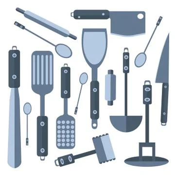 Set Isolated kitchen tools knife, spatula, rolling pin, spoon Stock-Illustration