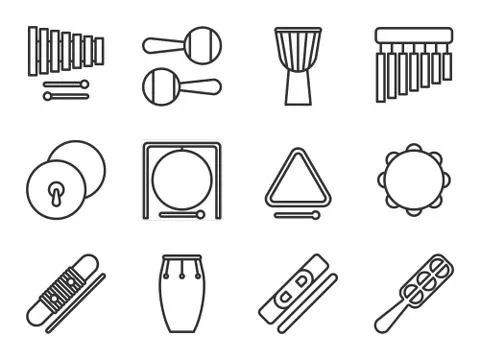 Set of isolated line icon. Percussion musical instrument. Black outline colle Stock Illustration