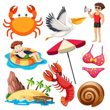 Set of isolated objects and people on beach Stock Illustration