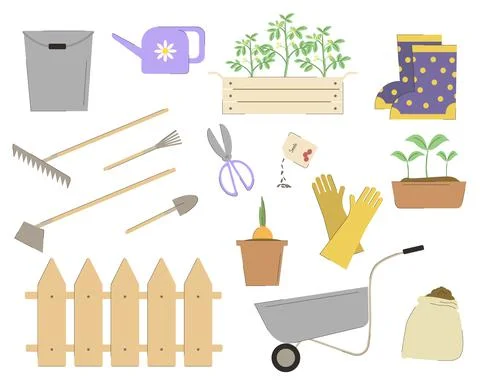 A set of isolated objects and tools for gardening activities. Stock Illustration