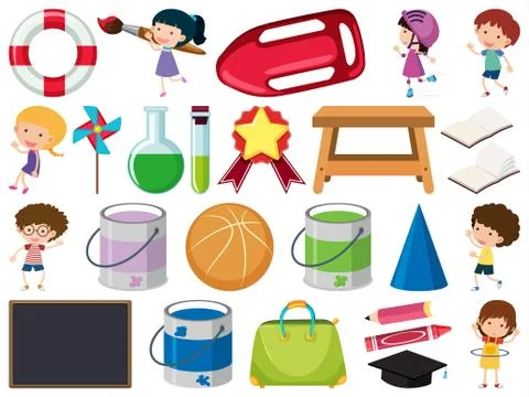 Set of isolated objects of children and school items Stock Illustration