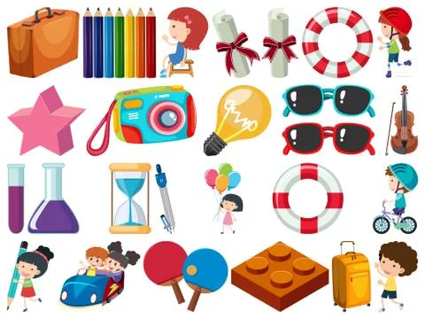 Set of isolated objects kids and stationeries Illustrazione stock