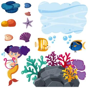 Set of isolated objects with mermaid and fish Stock Illustration
