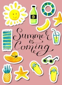 A set of isolated objects of summer theme watercolor. Stock Illustration