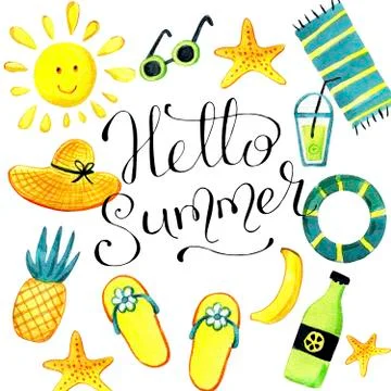 A set of isolated objects of summer theme watercolor. Stock Illustration