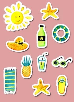 A set of isolated objects of summer theme watercolor. Stock Illustration