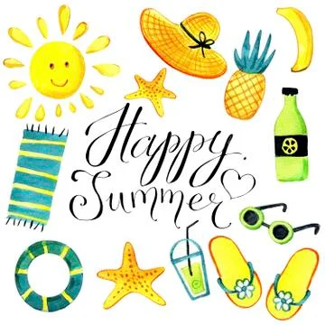 A set of isolated objects of summer theme watercolor. Stock Illustration