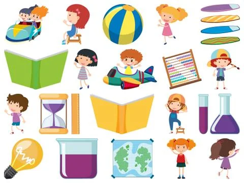 Set of isolated objects theme children and school items Stock Illustration