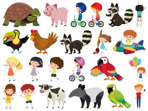 Set of isolated objects theme children and animals Illustrazione stock