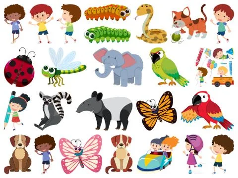 Set of isolated objects theme children and animals Stock Illustration