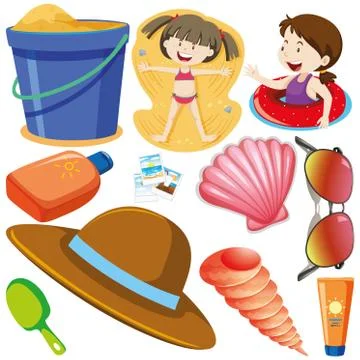 Set of isolated objects theme girls on beach Illustrazione stock