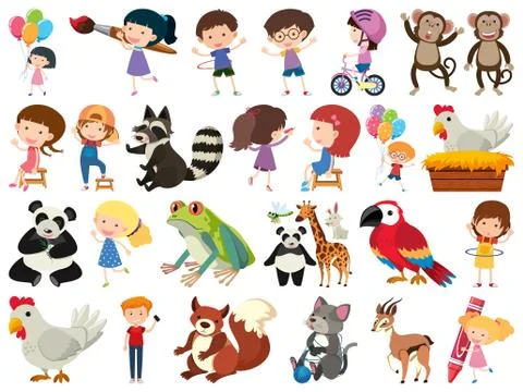 Set of isolated objects theme kids and animals Stock Illustration